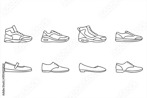 Stylish footwear icons with sneakers and dress shoes for clothing, outfit, and lifestyle graphics