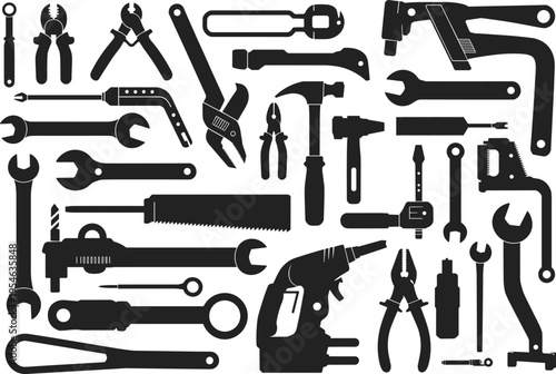 Black silhouette collection of various tools and kitchen utensils wrench hammer