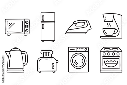 Household electronics and kitchen appliance line art icons featuring oven iron and refrigerator for home design