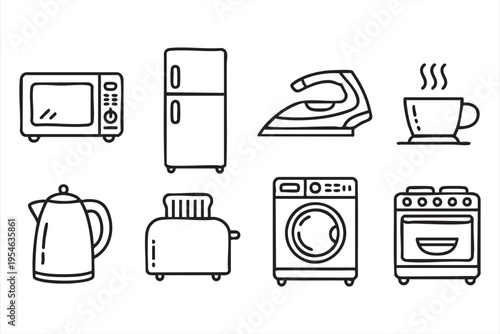 Home kitchen appliance icon set with microwave fridge kettle toaster and washing machine in clean outline style