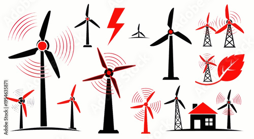 Wind Turbine Icons Set, Renewable Energy Symbols, Eco Power Generation