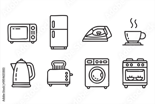 Kitchen and home appliance illustration set with cooking and cleaning devices for domestic lifestyle concepts