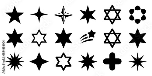 Twinkling Star and Sparkle Vector Icon Collection Isolated, Stars icon collection. Different star shapes. Black stars icon set. Sparkle star icon set. Vector illustration, Stars icon collection.