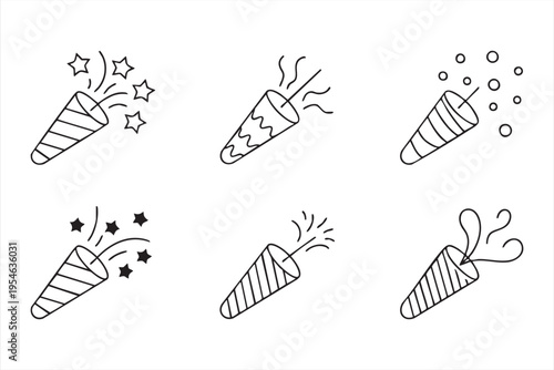 Party confetti popper icon set with festive explosion streamers and stars in clean outline style for celebration design