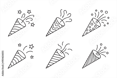 Celebration and festive line art icons featuring confetti burst and party elements for holiday visuals