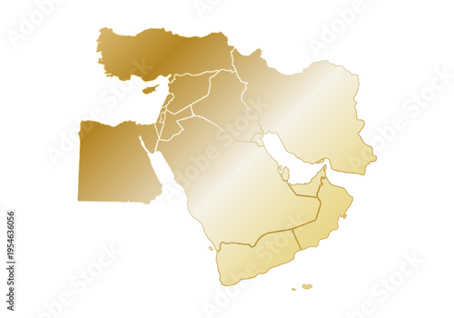 Mapa de oriente medio y la península arábiga en tonos dorados mostrando las fronteras de los países