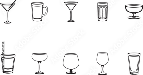 Collection of Hand-Drawn Various Cocktail and Drink Glasses Icons