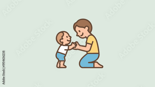 Mother helping toddler take steps cute cartoon illustration of parent supporting baby learning to walk gentle guidance on soft green background