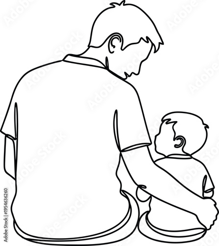 Minimalist continuous line drawing of father and son, back view of dad hugging his child, simple black and white fatherhood vector illustration