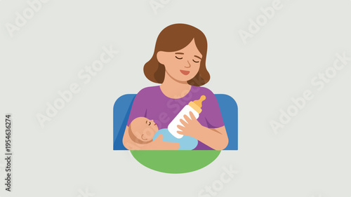 Babysitter feeding baby with bottle sitting in chair smiling purple shirt green table blue background childcare concept infant care nurturing parenting illustration