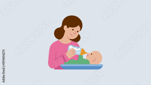 Babysitter feeding baby with bottle caregiver holding infant parenting and childcare concept icon