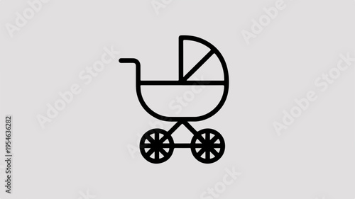 Minimalist line art icon of a baby stroller on gray background for design and decoration