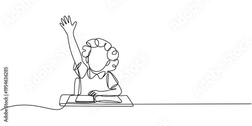 Continuous one line drawing. Happy girl sitting in a classroom raises her hand. Vector illustration. back to school concept. School girl raising hand and writing at a desk. first day at school