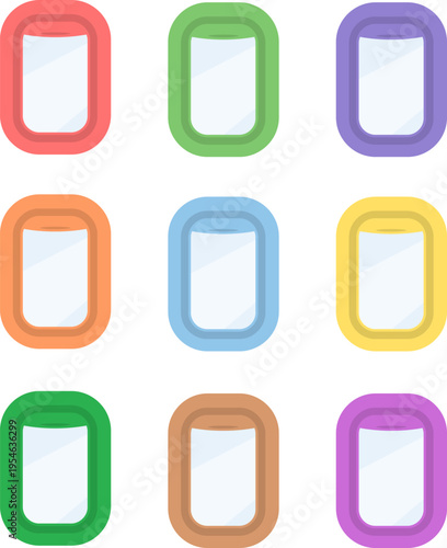 Colorful Airplane Window Porthole Vector Set: Flat Icons for Travel, Aviation, and Vacation Design Projects.