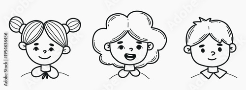 Cute Children Portraits Doodle. Kid Faces, Boy and Girls. Isolated Line Art Hand Drawn on White Background. Vector Illustration.