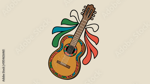 Stylized traditional mexican guitar icon with colorful floral design on beige background symbolizing latin american music culture and heritage
