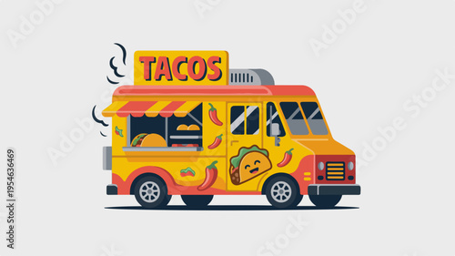 Vibrant yellow taco food truck with colorful flames and taco illustration on side sign on top reads tacos in red letters on gray background
