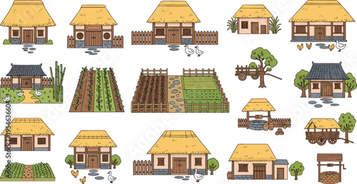 Traditional Rural Farming Village Illustration Set Featuring Straw Houses, Crop Fields, Chickens, Wooden Carts, Fences and Agricultural Countryside Life Elements
