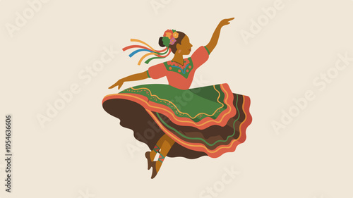 Vibrant mexican folk dancer in traditional colorful dress dancing dynamically with raised arms and flowing skirt on beige background