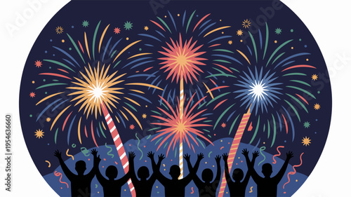 Vibrant fireworks display with joyful crowd celebrating festive night colorful explosion of lights and happiness