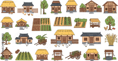 Rural Village Farming Illustration Set Featuring Traditional Houses, Crop Fields, Farm Tools, Animals, Trees and Agricultural Life Scenes for Countryside Designs