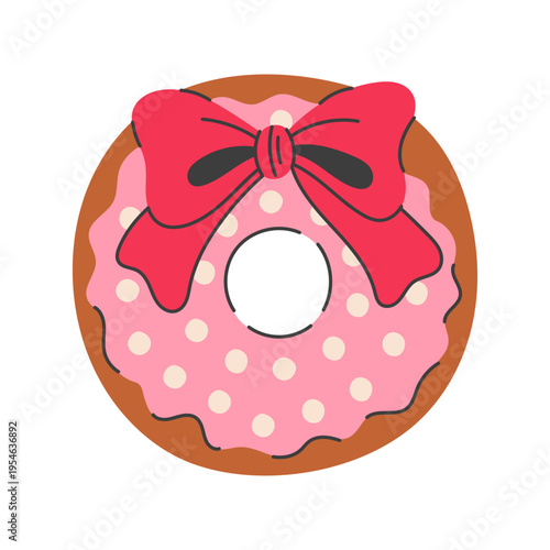 Coquette Pink Donut with tied Bow. Cute hand drawn Confection Pastry with red knot and dotted sprinkles glaze. Sweet Food Dessert Flat vector illustration