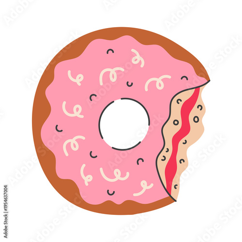 Bitten Pink Donut Illustration. Playful Baked Pastry Item with missing piece and icing, sprinkles, glazing. Soft colored vector art with charming details. 