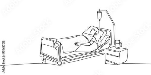 one continuous line drawing of hospital patient.one line drawing of hospital patient sleeping in ward. single line vector illustration of sick person. isolated white background