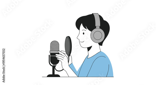 A young man wearing headphones and a blue shirt smiles while speaking into a microphone with a pop filter on a white background.