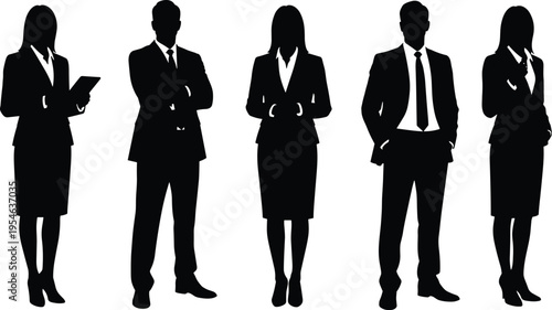 Collection of diverse professional business people standing in smart casual office attire holding tablets and folders isolated on white background.