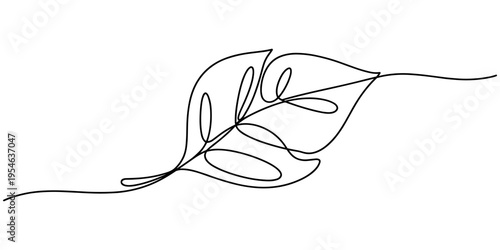 Description: Black leaf in one line art style. Leaf drawing with editable black stroke on white background. Vector illustration.