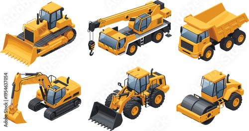 Construction machinery vector set featuring bulldozer, crane, dump truck, excavator, loader and road roller, heavy equipment collection for industrial design, engineering, building and infrastructure