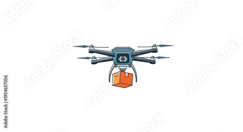 A dark grey drone with four propellers flies while carrying an orange cardboard box suspended underneath it on a white background.