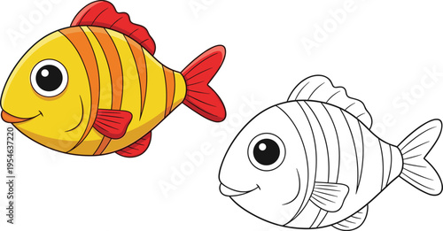 Cute cartoon fish illustration with colorful version and outline coloring page, adorable aquatic animal drawing for kids coloring book and children educational activity