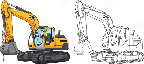 Cute cartoon excavator construction vehicle with smiling face and coloring outline version, kids coloring book page and colorful illustration of digger machine