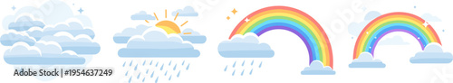 Konstfotografi Cute Weather and Rainbow Vector Set with Clouds, Rain, Sunshine, and Colorful Sk