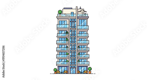A tall, multi-story modern apartment building with glass balconies and rooftop amenities is shown against a plain white background.