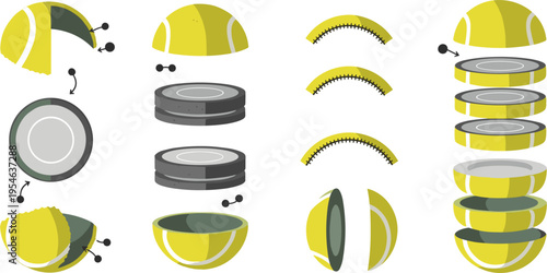Tennis Ball Exploded View Vector Set with Detailed Cut Sections, Layers, and Components for Sports Illustration, Educational Design, and Equipment Analysis Graphics