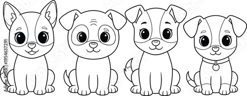 Cute cartoon puppies coloring page set with adorable dog characters, simple outline illustration for kids coloring book, children activity sheet with playful puppy pets