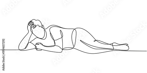 Man laying down and feeling sick one line vector drawing, illustration. Continuous line drawing of sick Old man laying in bed in a hospital. Sleeping woman drawing. Coronavirus.