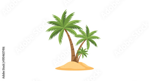 A small cluster of three palm trees stands on a sandy patch of ground on a white background.
