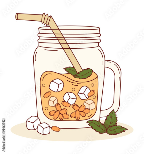 Sea Buckthorn Cocktail Drink with Ice Cubes, Orange Berries in clear mason jar. Summer Refreshing Cocktail with straw and Mint. Vector Illustration Lemonade Healthy Seasonal Smoothie Spritzer.