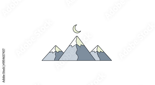 Three stylized mountains with snow-capped peaks and a crescent moon above are depicted on a white background.