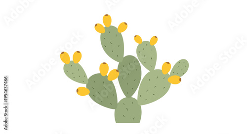 A stylized prickly pear cactus with green pads and yellow fruits stands upright on a white background.