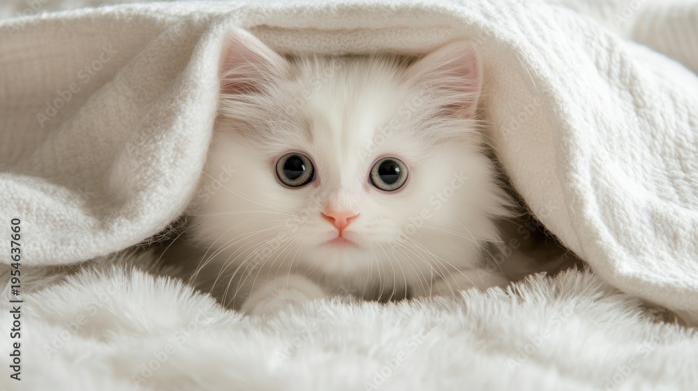 Obraz premium A Cute White Persian Kitten Peeking From Under Blanket