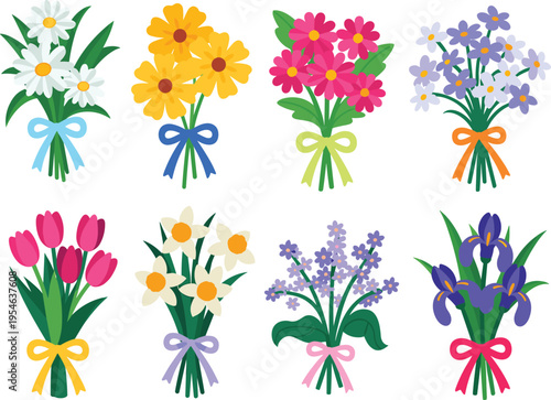 Vibrant flat of eight colorful daisy flowers with green leaves and stems petals yellow pink