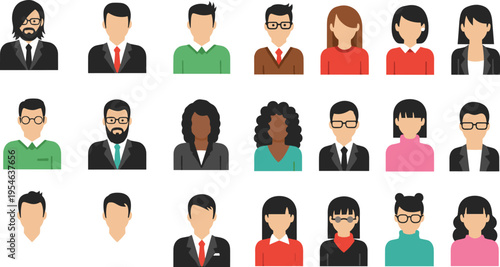 Diverse illustrated avatar collection featuring multicultural men and women in casual and professional attire, showcasing inclusivity, individuality, and modern digital profile representation for 