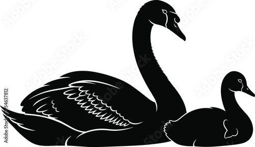 Elegant black silhouette illustration of two swans, adult and cygnet, resting or swimming gracefully, symbolizing love, family, nature, wildlife, and artistic inspiration for creative design projects