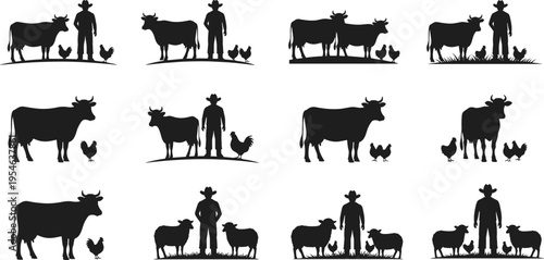 Farmer with livestock animals silhouette set including cow, sheep and chicken farm agriculture black vector icons collection isolated on white background
