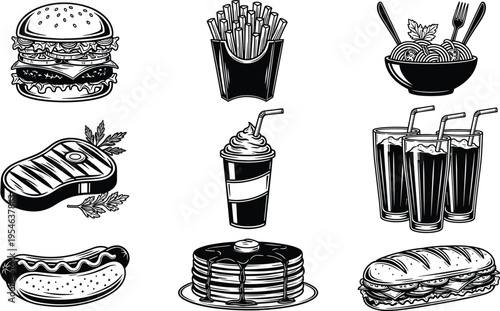 Fast food and restaurant meal illustration set including burger, fries, pasta, steak, hot dog, pancakes, sandwich and soft drinks vintage black vector collection